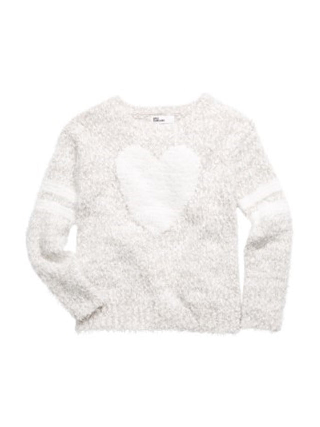 Image for Kids Girl's Heart Embroidered Fuzzy Sweater,Light Grey