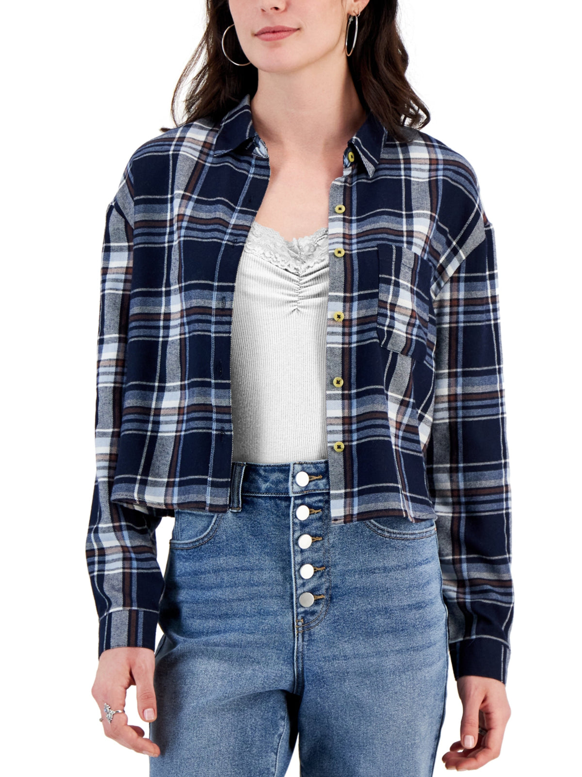 Image for Women's Plaid Cropped Buttons Up Shirt,Navy
