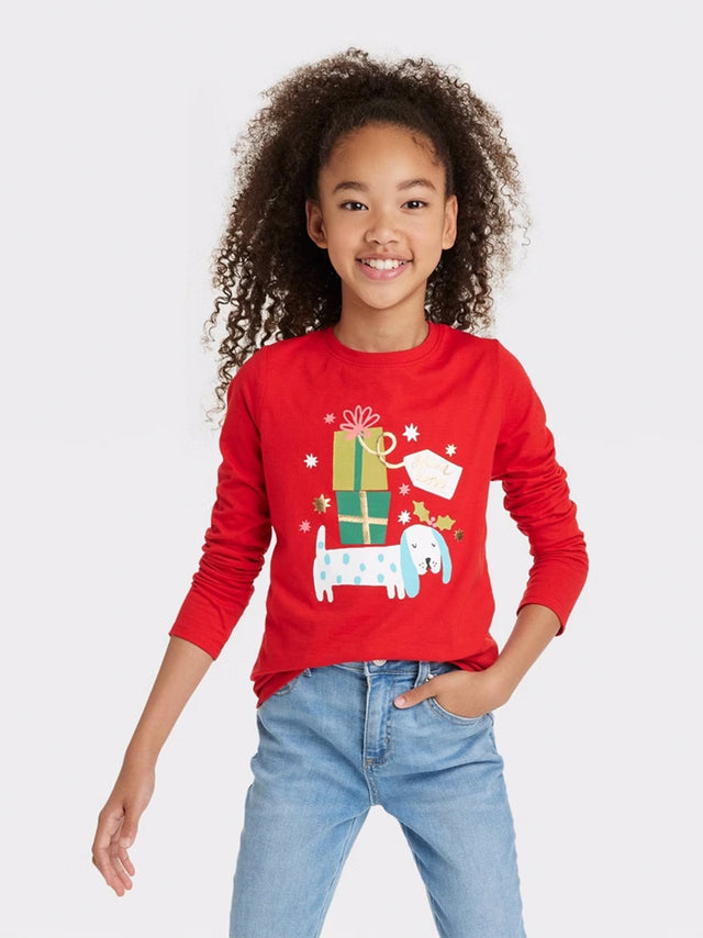 Image for Kids Girl's Graphic Printed Christmas Top,Red