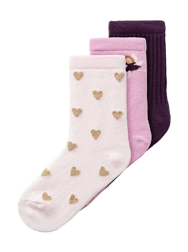 Image for Kids Girl's 3 Pairs Graphic Printed Socks,Pink/Dark Purple