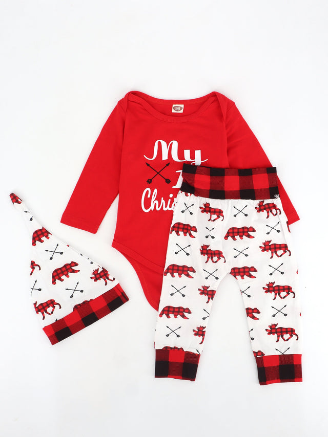Image for Kids Girl's 3 Pcs Bodysuit/Leggings/Beanie Christmas Set,Red/White