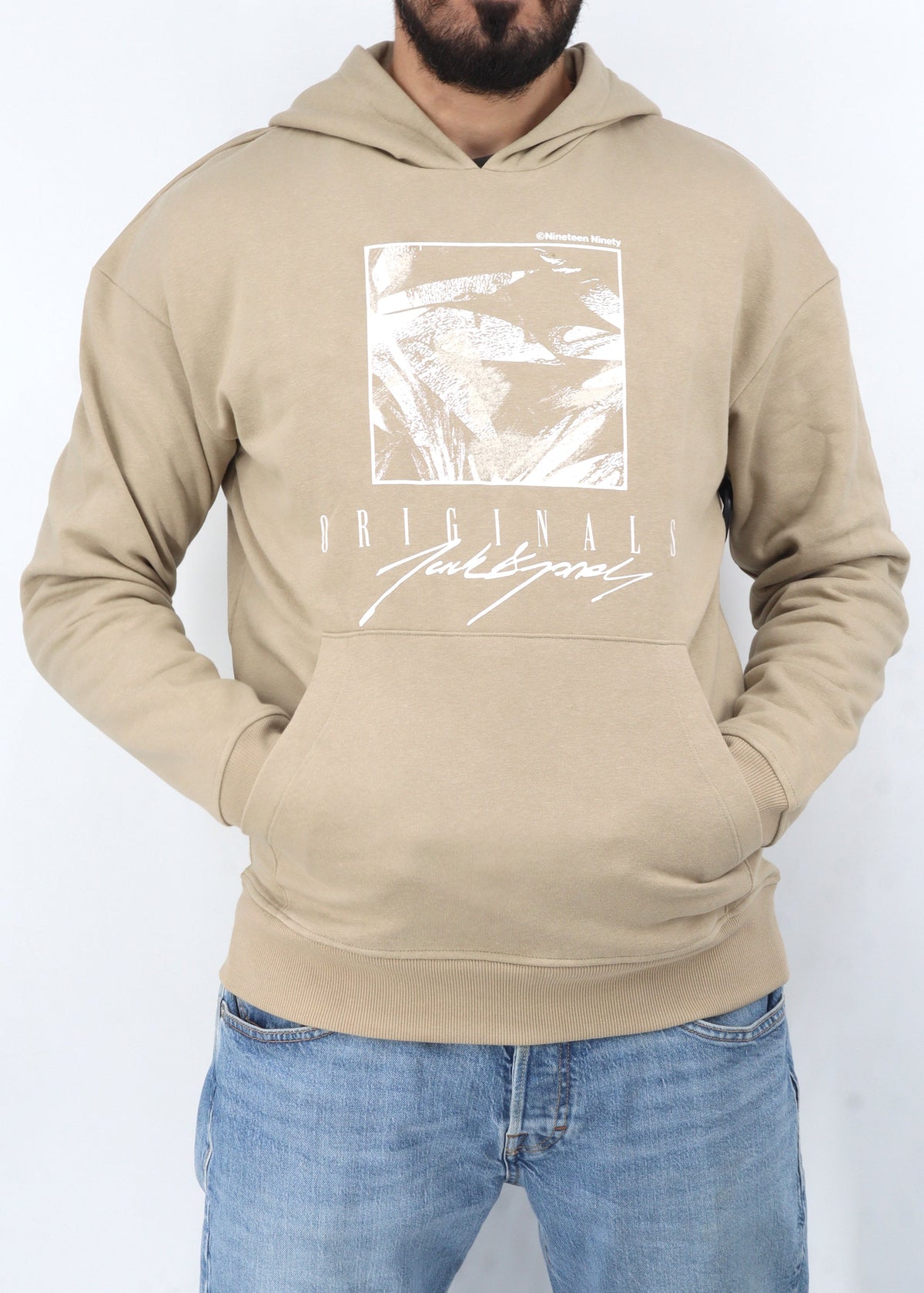 Image for Men's Graphic Printed Hoodie,Beige
