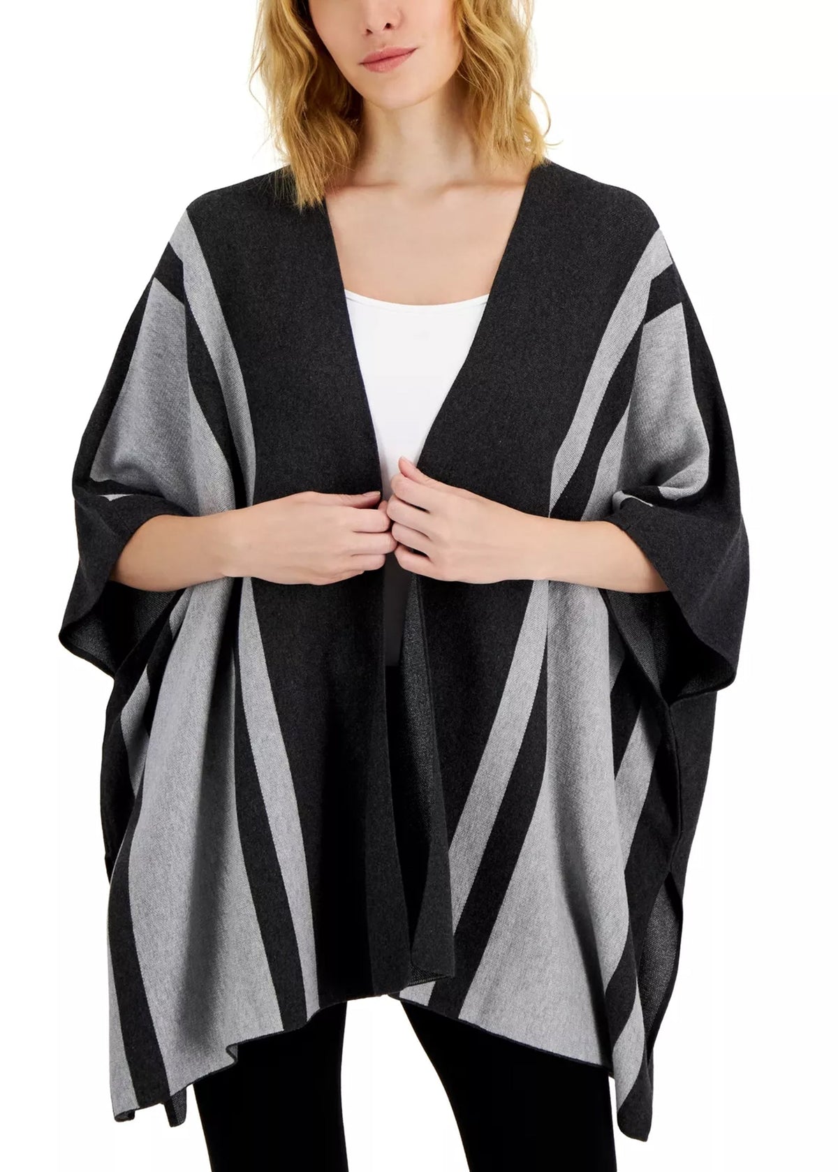 Image for Women's Striped Poncho Sweater,Grey