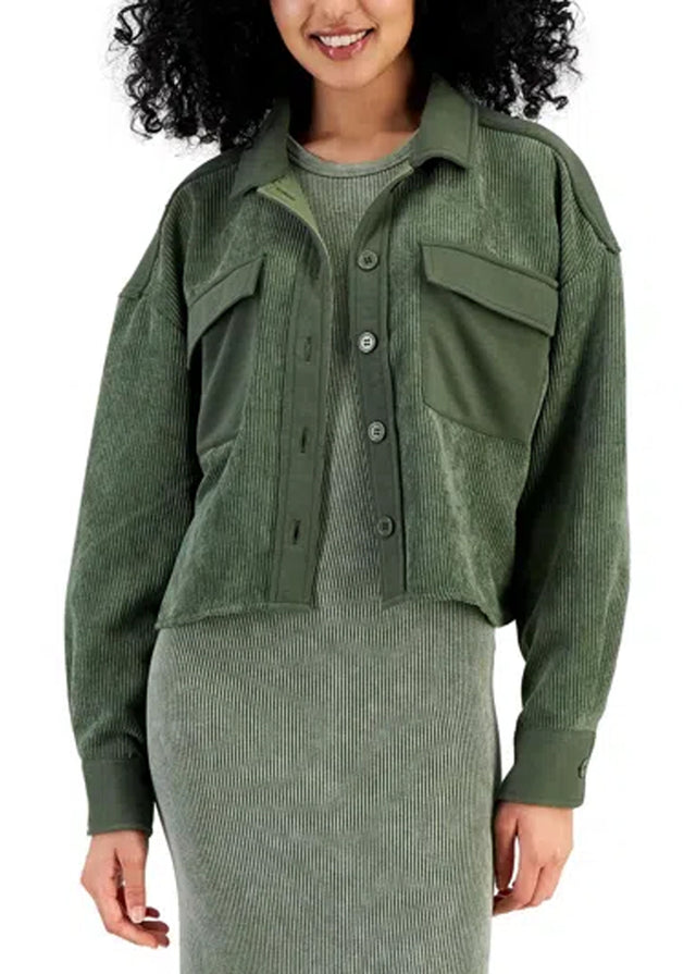 Image for Women's Corduroy Buttons Up Cropped Shirt,Olive