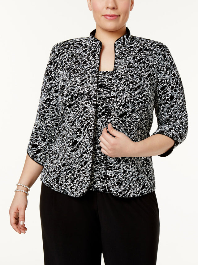 Image for Women's 2 Pcs Printed Metallic Blazer % Top Set,Black/White