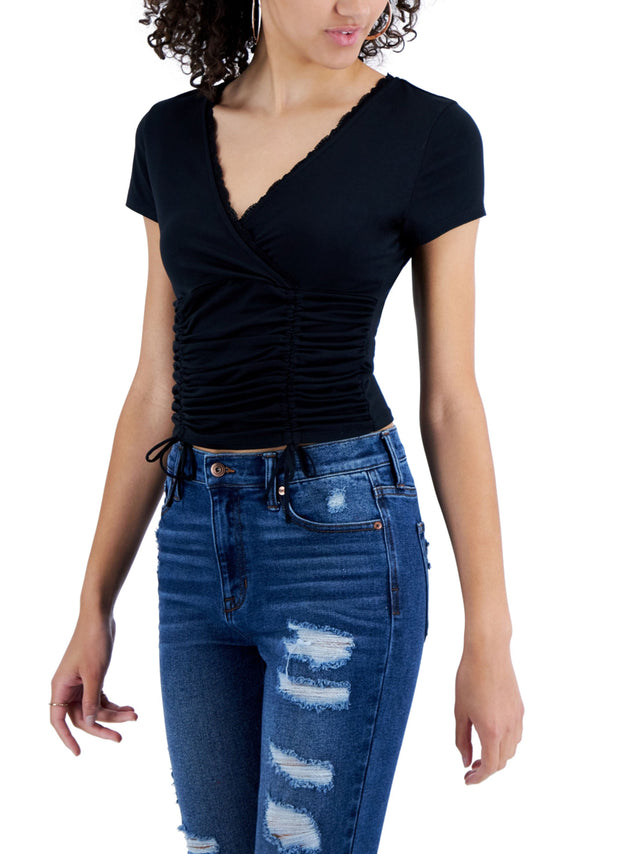 Image for Women's Lace Trim Ruched Top,Black