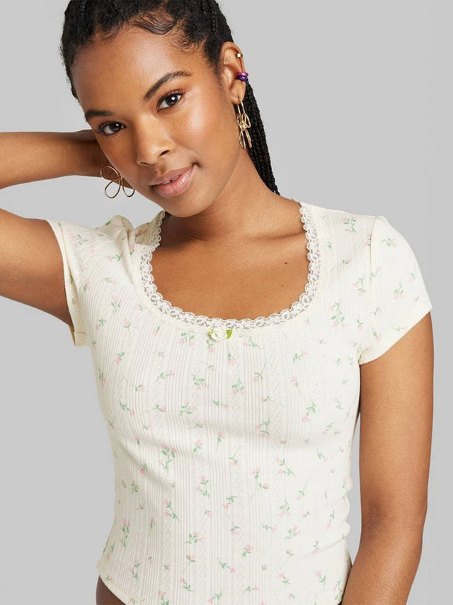 Image for Women's Floral Printed Pointelle Top,Off White