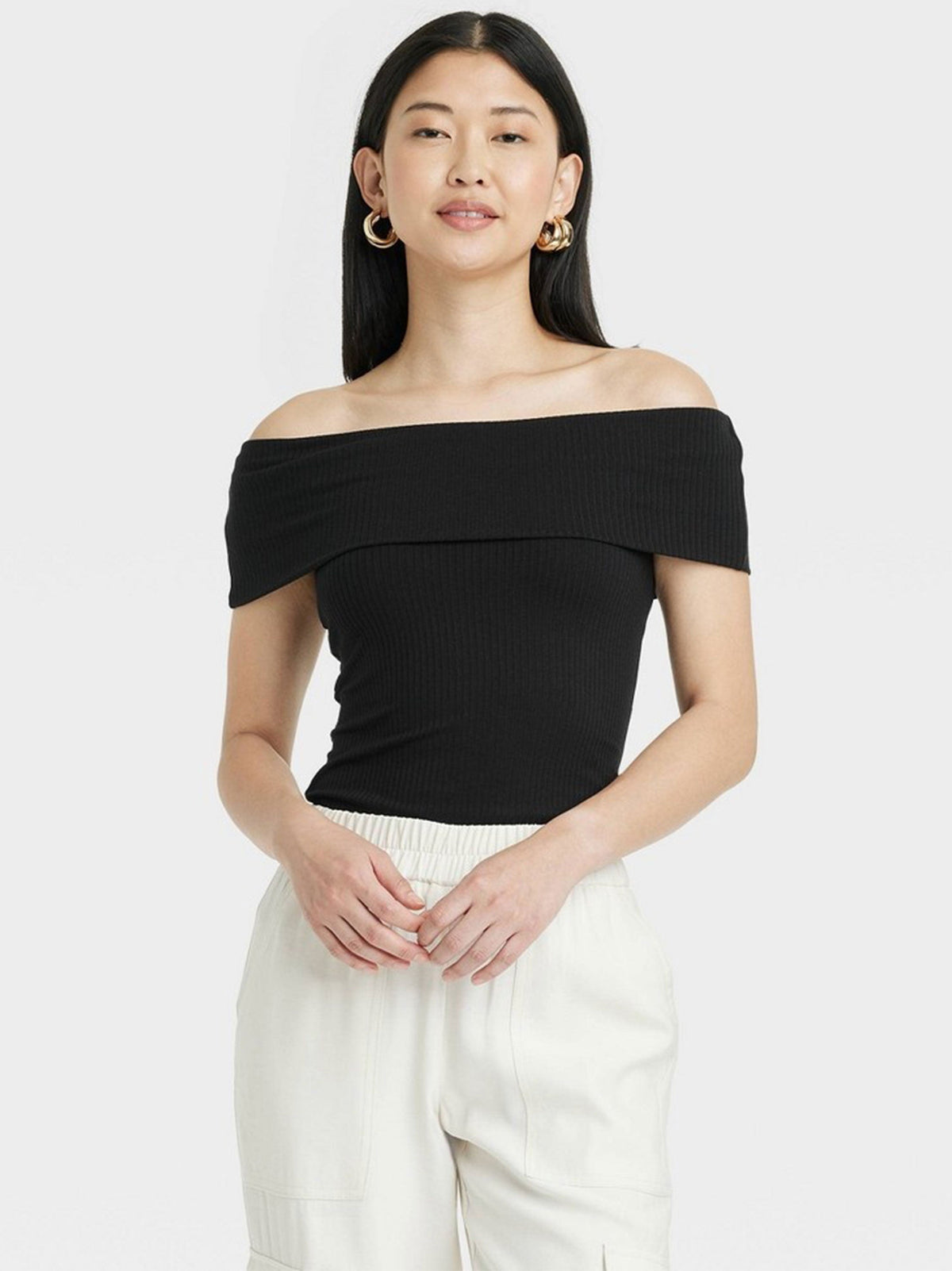 Image for Women's Off Shoulder Ribbed Top,Black
