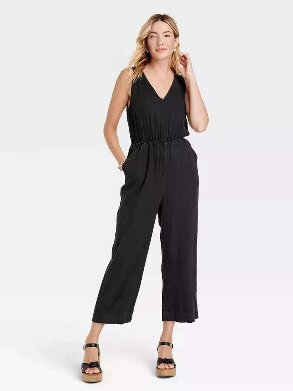 Image for Women's Plain Linen Jumpsuit,Black