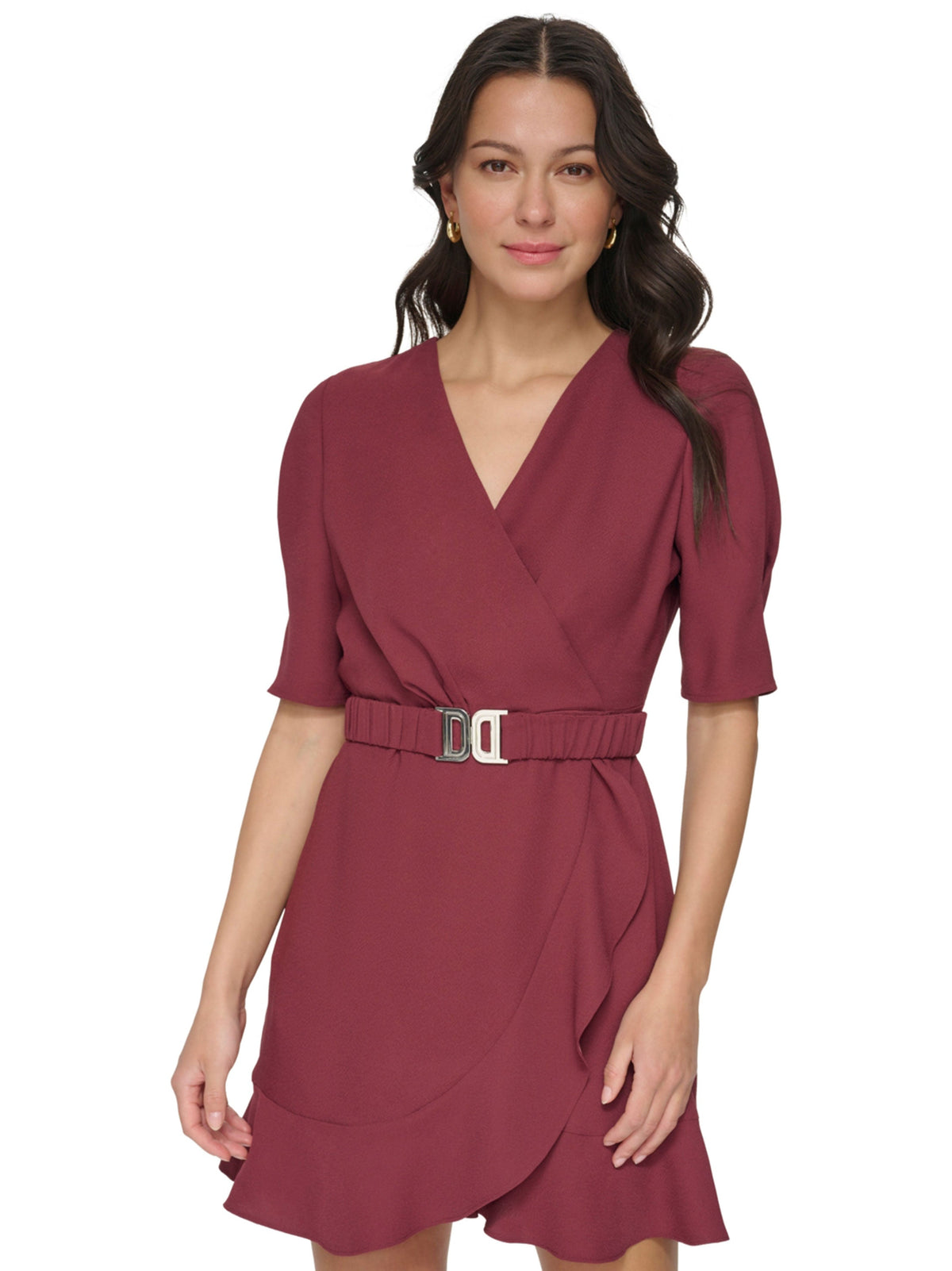 Image for Women's Belted Faux Wrap Dress,Burgundy