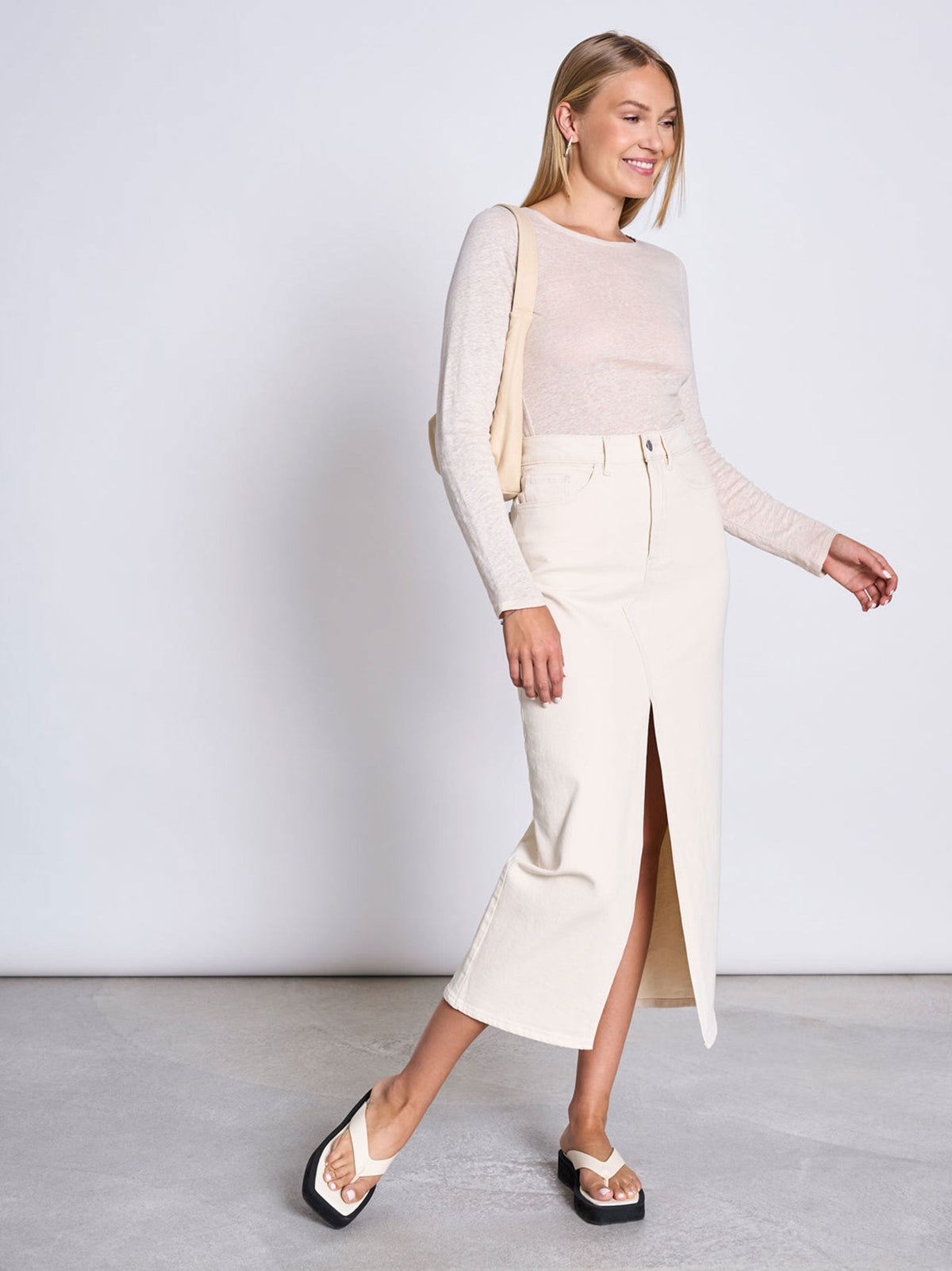 Image for Women's Front Slit Denim Skirt,Cream