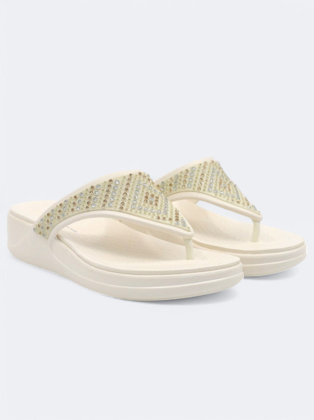 Image for Women's Embellished Slippers,Cream