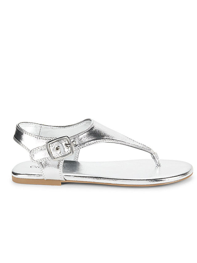 Image for Women's Textured Moraca Buckle T-Strap Flat Sandals,Silver