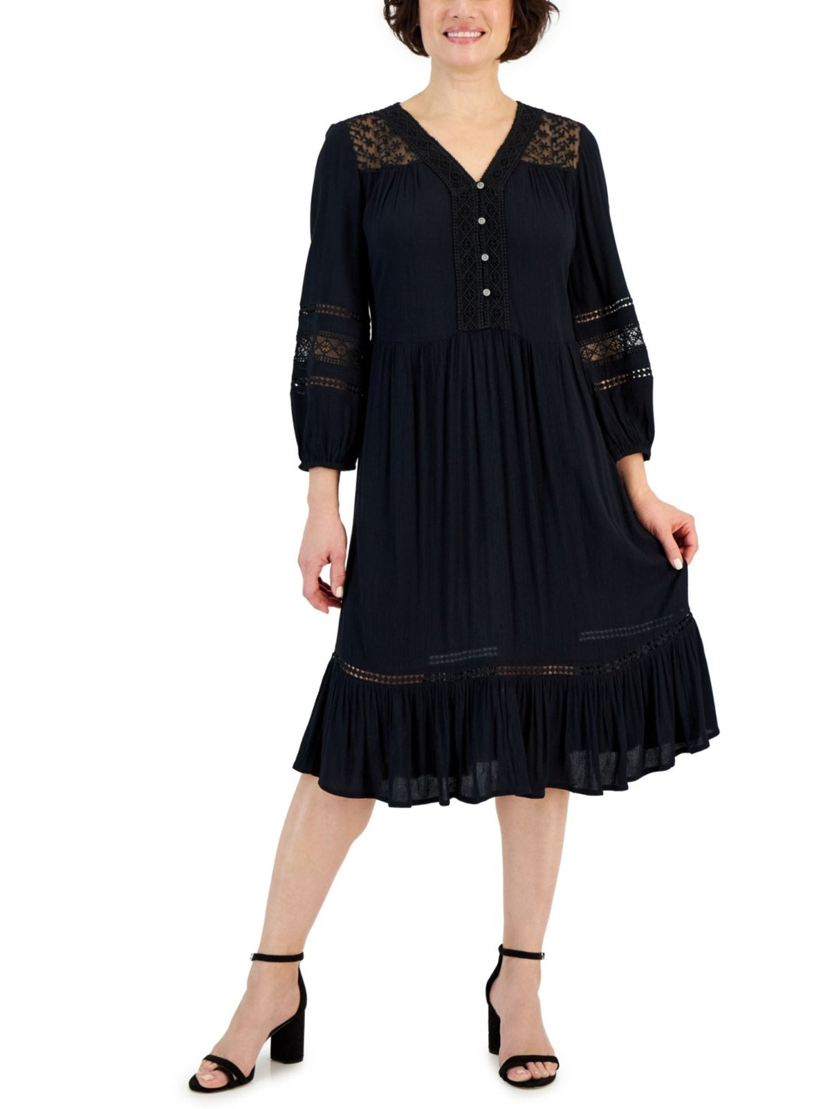 Image for Women's Ruffled Lace-Trim Dress,Black