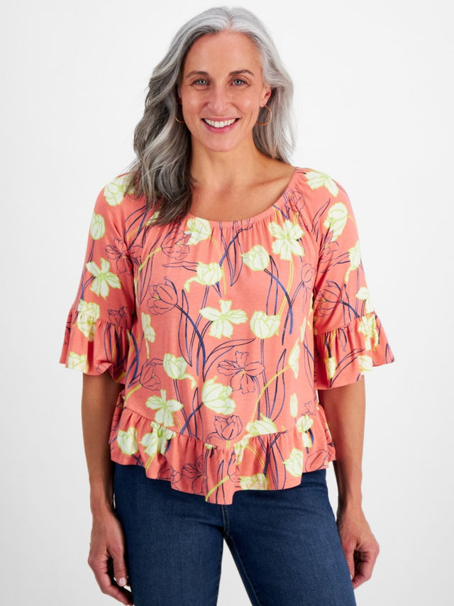 Image for Women's Floral Printed Ruffle Sleeve Top,Coral