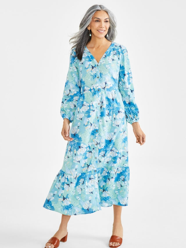 Image for Women's Floral Prinred Plus Size Tiered Dress,Aqua