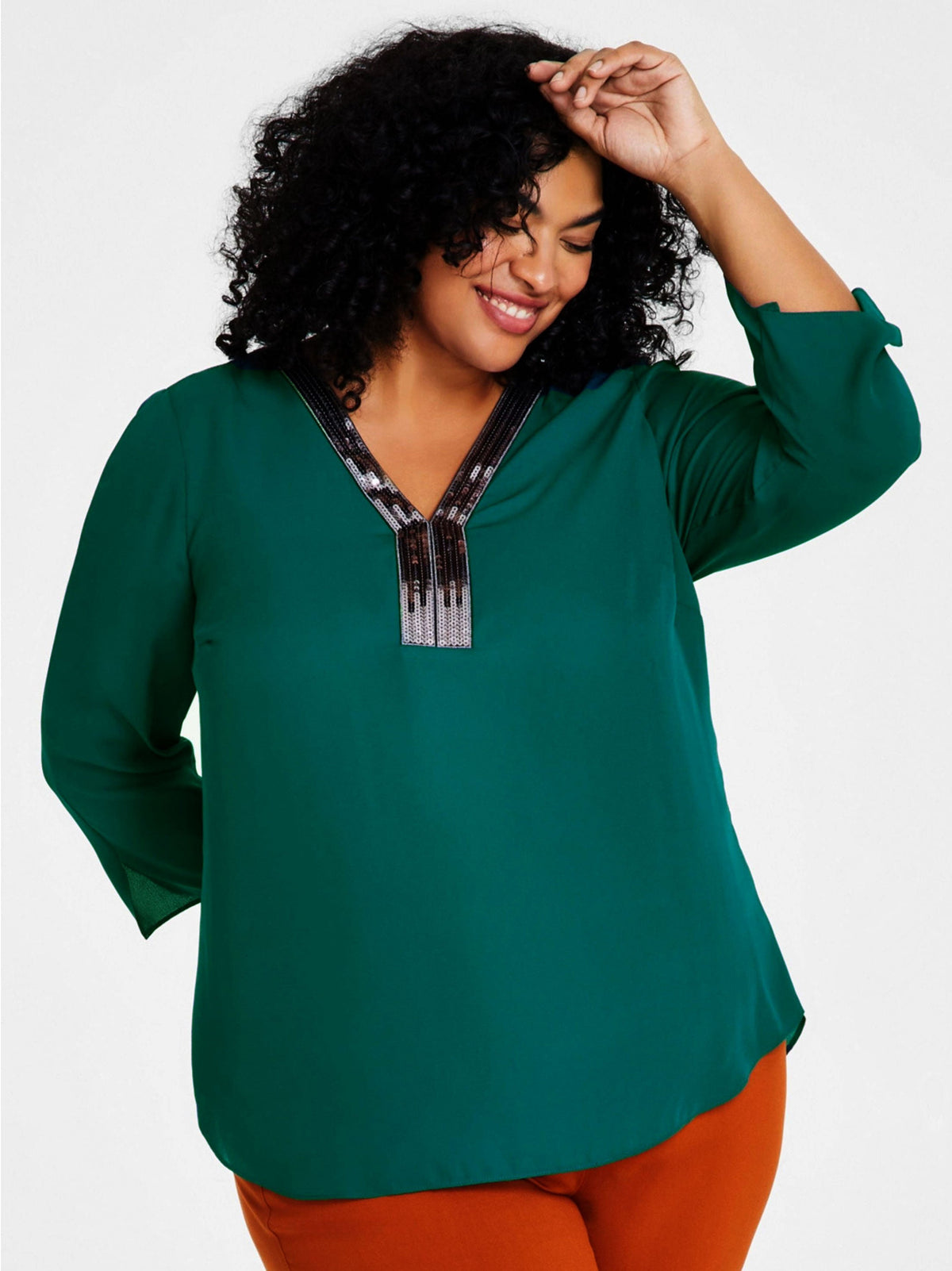 Image for Women's Plain Plus Size Sequined-Neck Top,Green