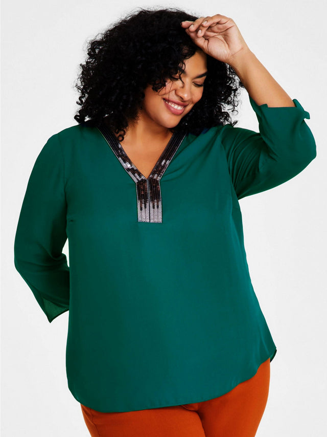 Image for Women's Plain Plus Size Sequined-Neck Top,Green