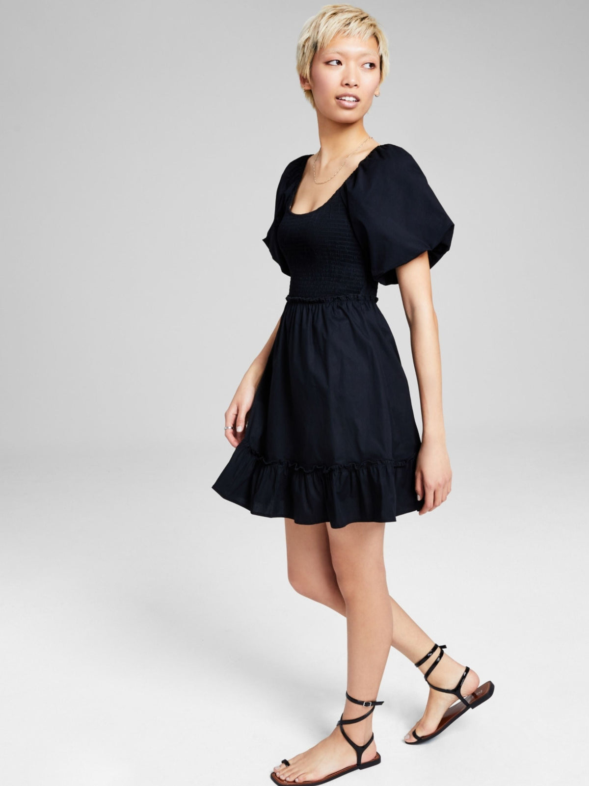 Image for Women's Ruffled Smocked Puff-Sleeve Dress,Black