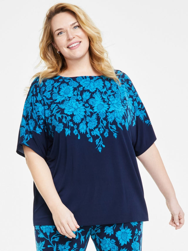 Image for Women's Floral Printed Plus Size Printed Dolman-Sleeve Top,Navy/Blue