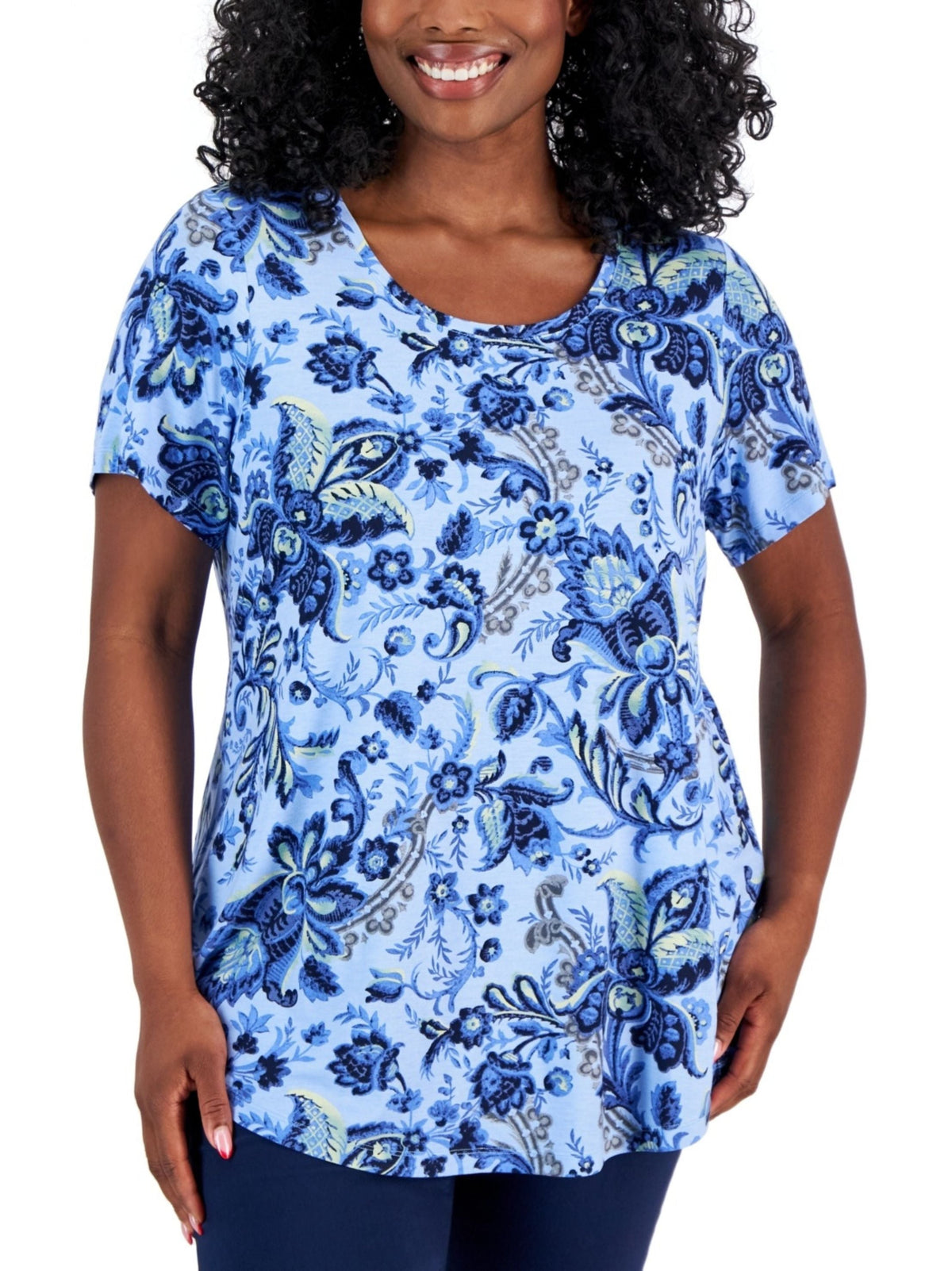 Image for Women's Plus Size Floral Print Short Sleeve Top,Blue