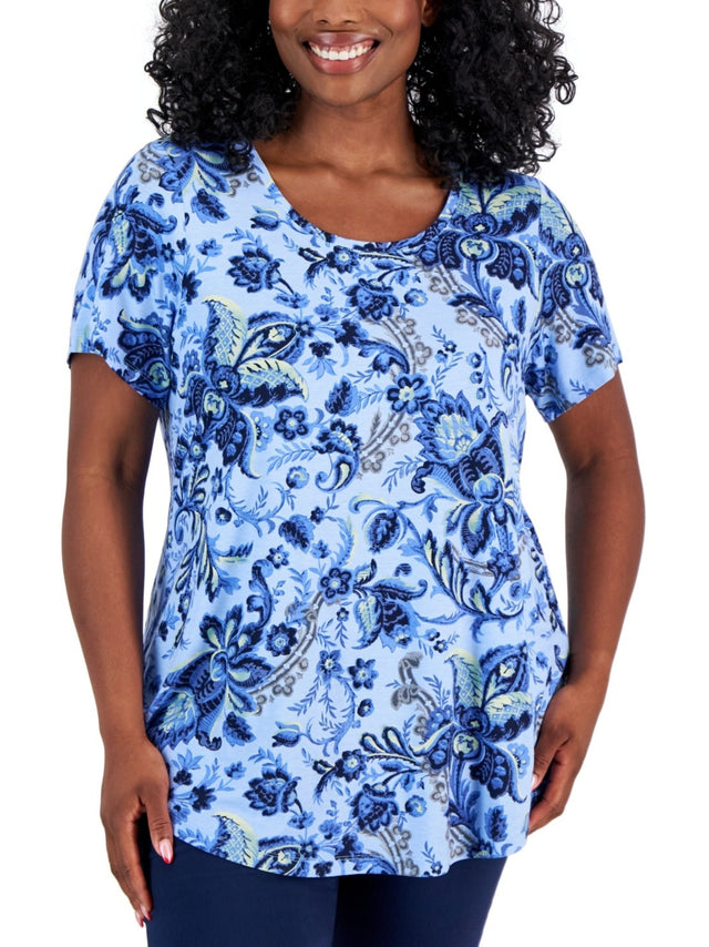 Image for Women's Plus Size Floral Print Short Sleeve Top,Blue