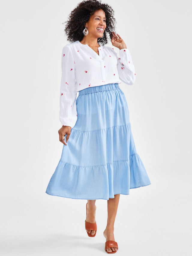 Image for Women's Textured Chambray Tiered MIDI Skirt,Light Blue