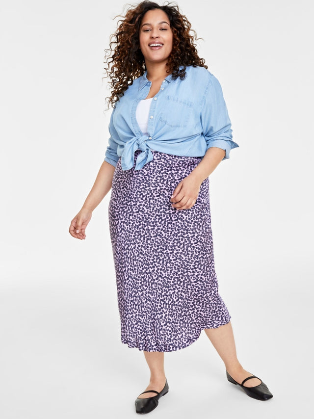 Image for Women's Floral Printed Plus Size Floral MIDI Slip Skirt,Purple/Navy