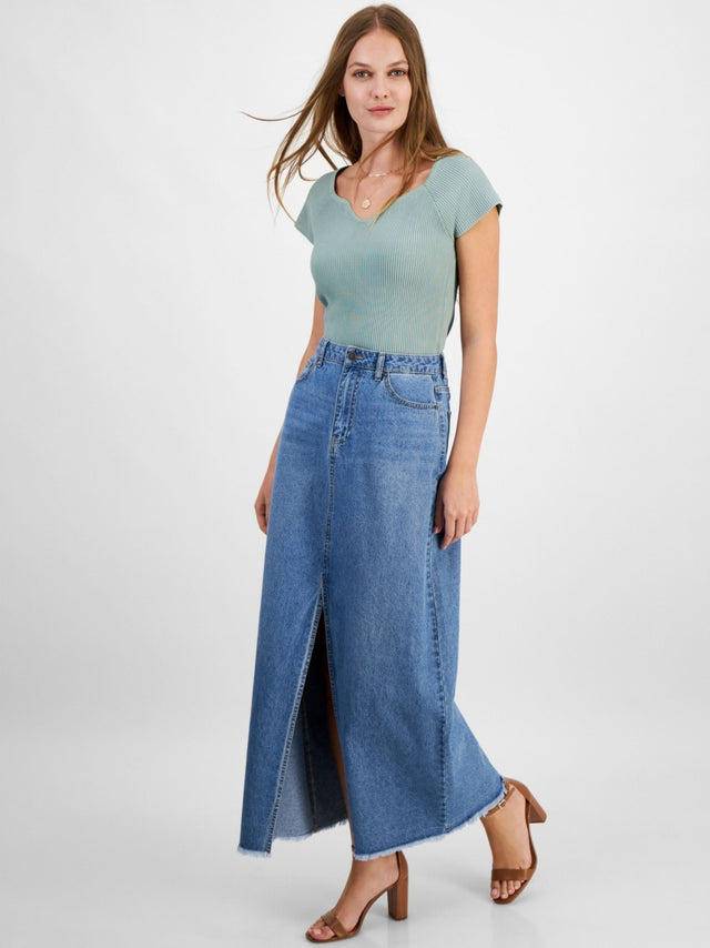 Image for Women's Textured Cotton Denim Maxi Skirt,Light Blue