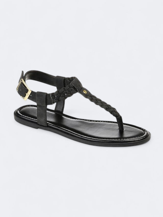 Image for Women's Textured Genevive Braided T-Strap Flat Sandals,Black