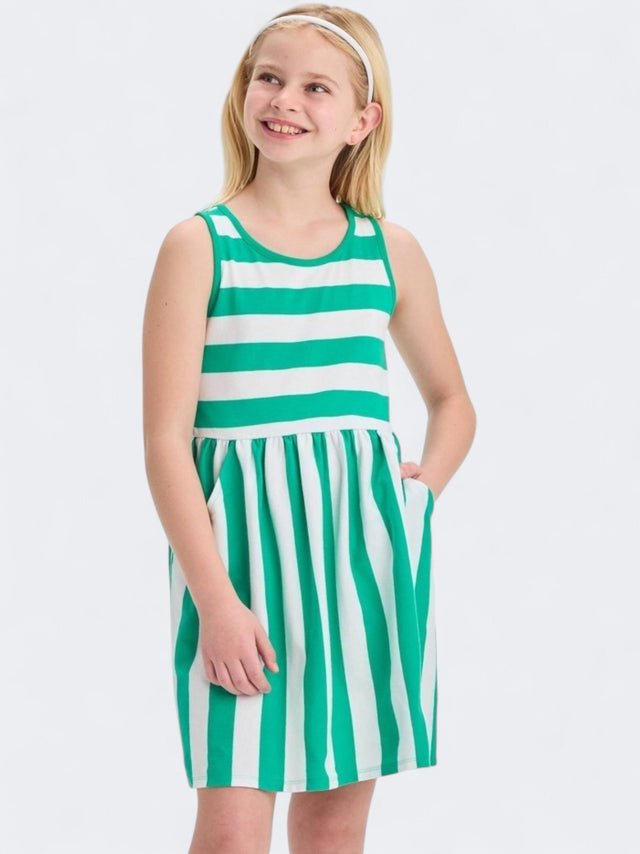 Image for Kid's Girl's Striped Racerback Tank Dress,White/Green