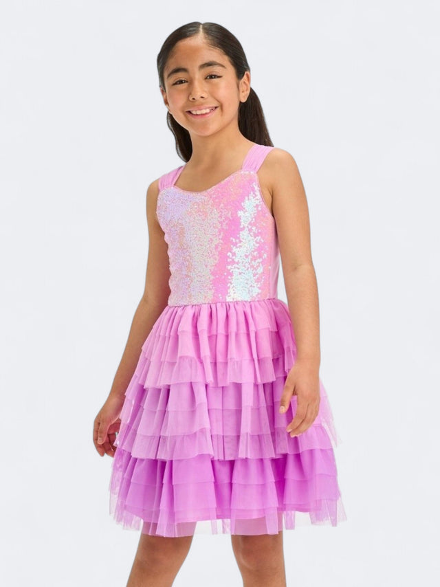 Image for Kid's Girl's Textured Ombre Sequin Tiered Dress,Purple