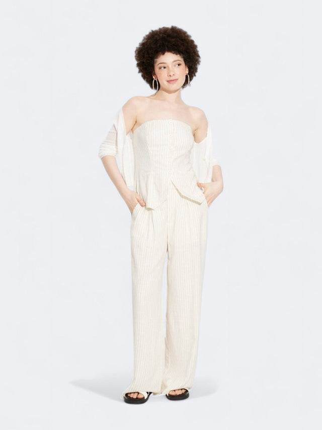 Image for Women's Striped Linen Suiting Tube Top,White