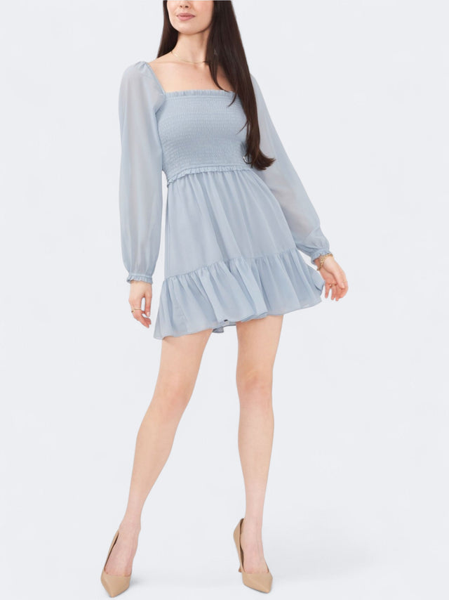 Image for Women's Plain Smocked Ruffle Hem Long Sleeve Dress,Blue