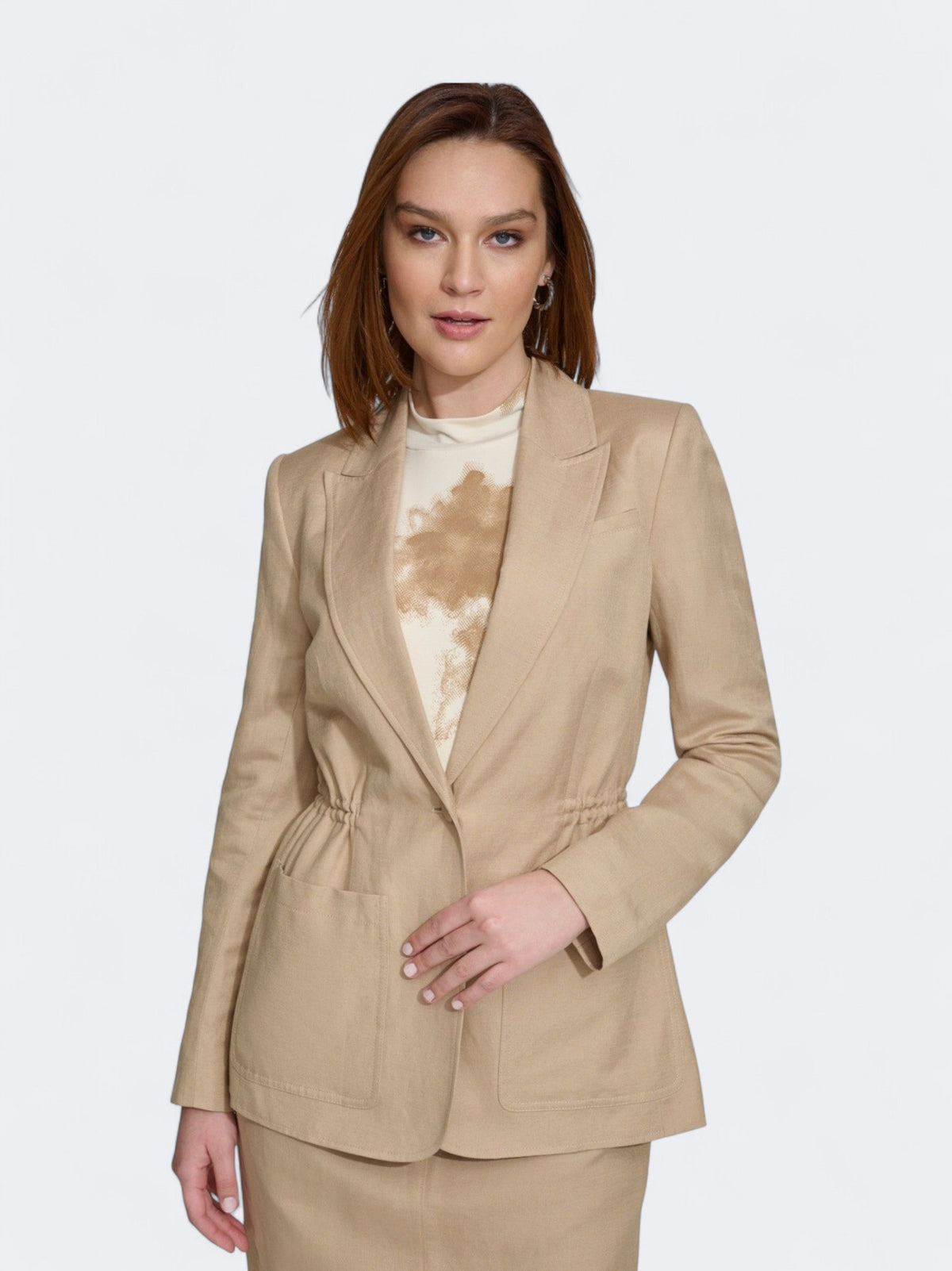 Image for Women's Textured Linen Blend Cinch Waist Blazer,Beige