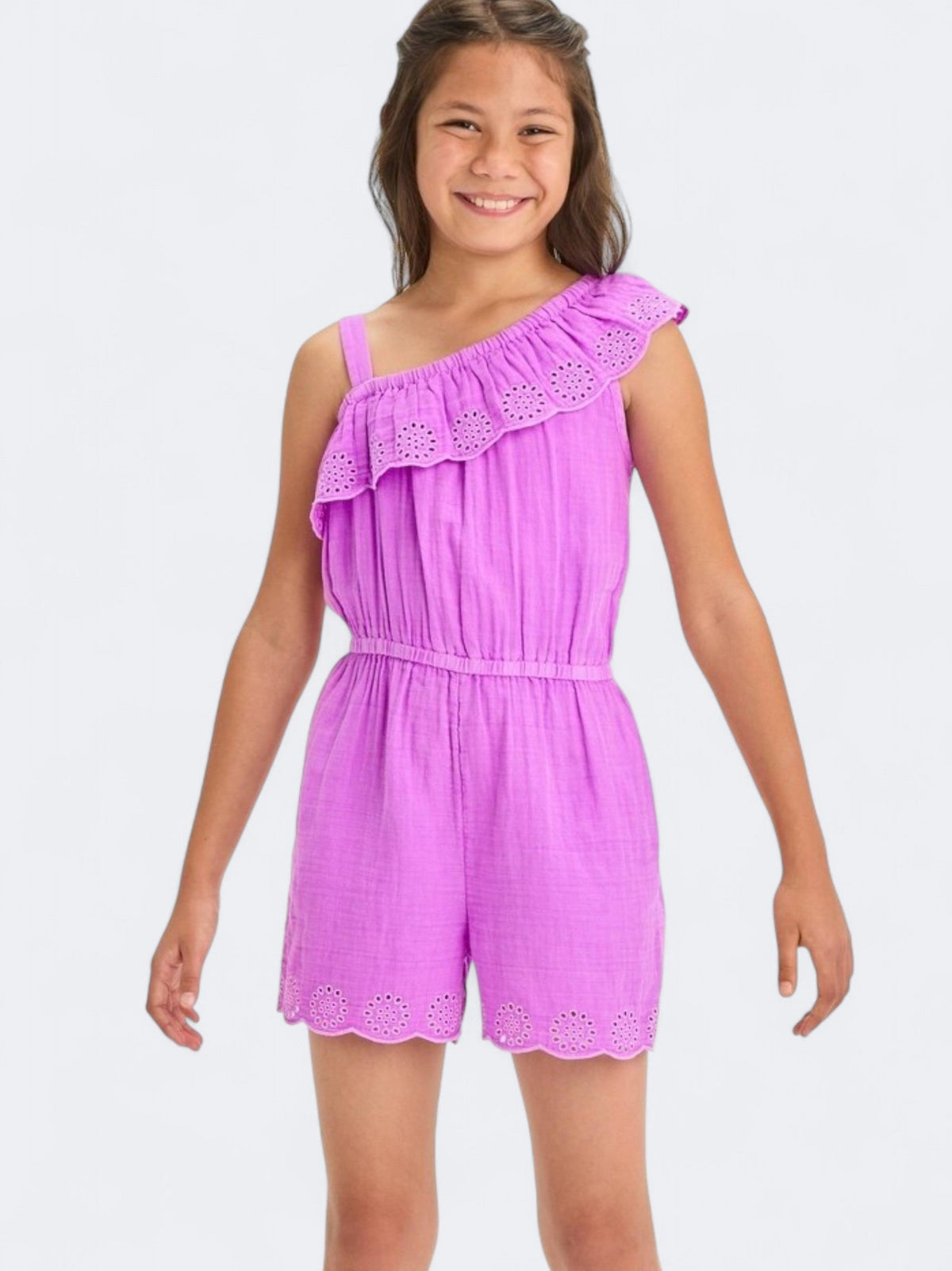 Image for Kid's Girl's Ribbed One Shoulder Eyelet Gauze Romper,Purple