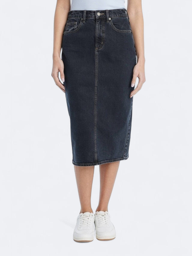 Image for Women's Textured High Rise Denim Midi Skirts,Black