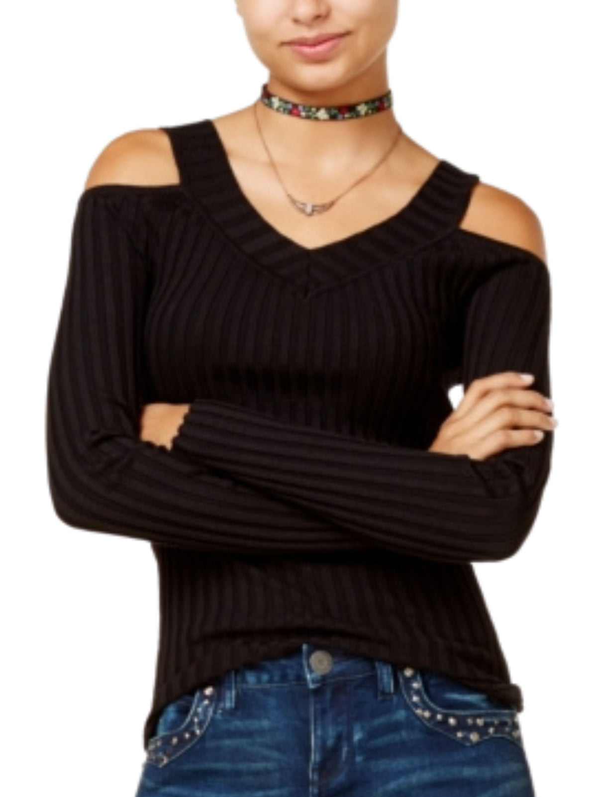 Image for Women's Knitted Cold Shoulder Sweaters,Black