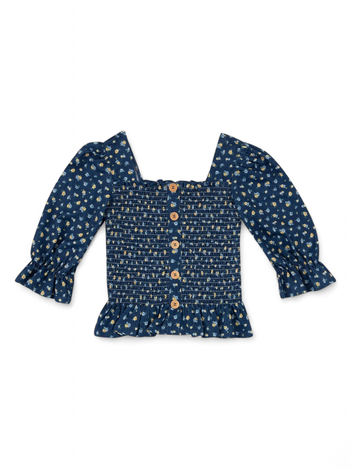 Image for Kids Girl's Floral Printed Top Decorative Buttons,Navy