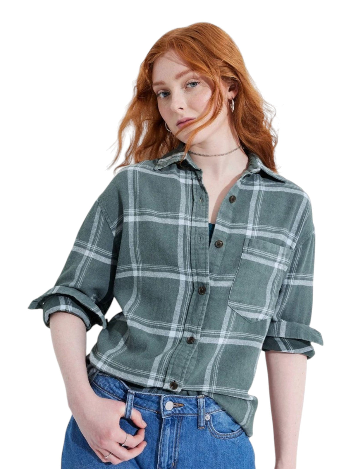Image for Women's Plaid Button Down Shirt,Olive
