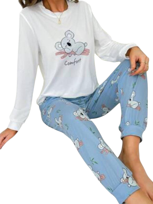 Image for Women's Printed Sleepwear Pajama Set Top&Pant,White/Light Blue