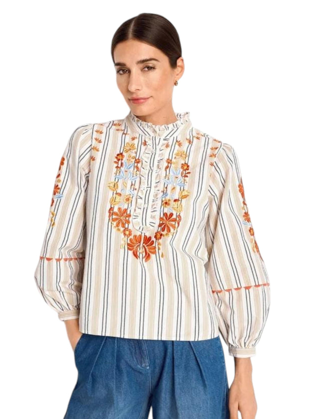 Image for Women's Striped Floral Embroidered Top,Multi