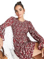 Image for Women's Floral Printed Ruffled Dress,Burgundy