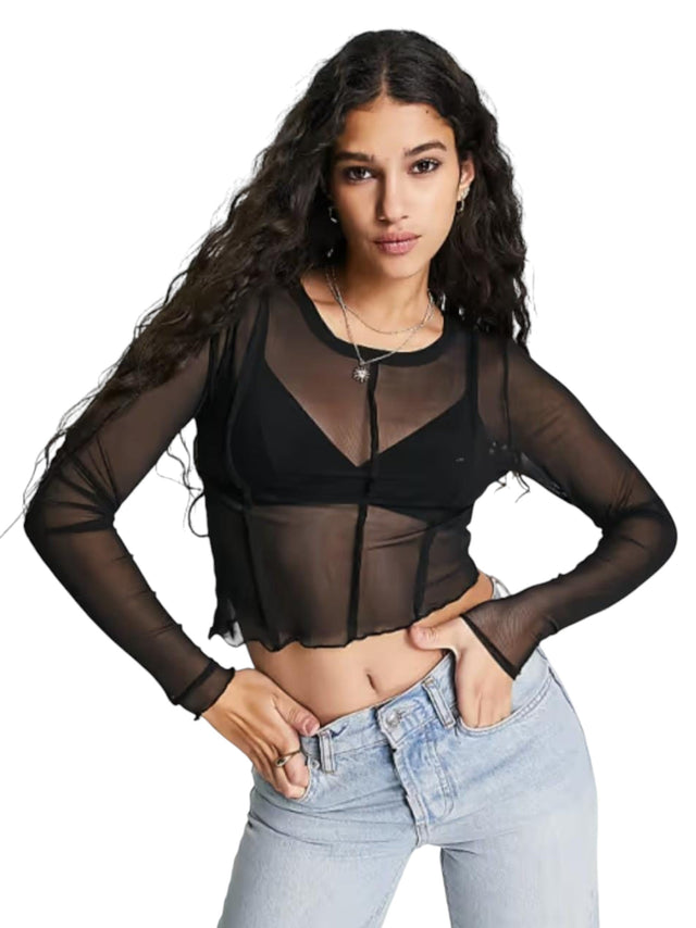 Image for Women's Sheer Mesh Crop Top,Black