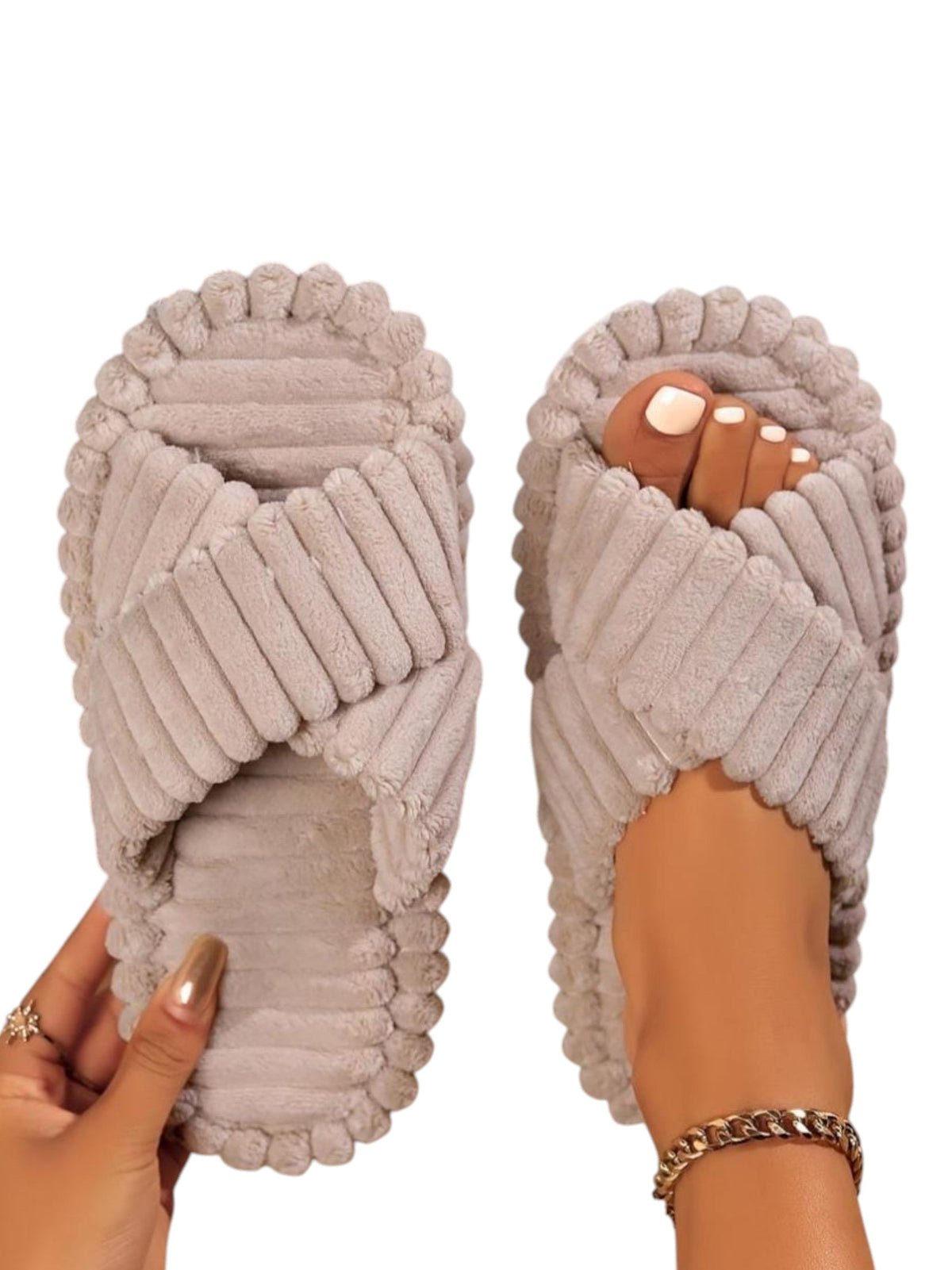 Image for Women's Faux Fur Slippers,Taupe