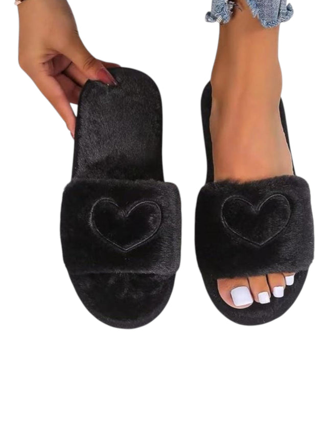 Image for Women's Heart Embroidered Faux Fur Slippers,Black