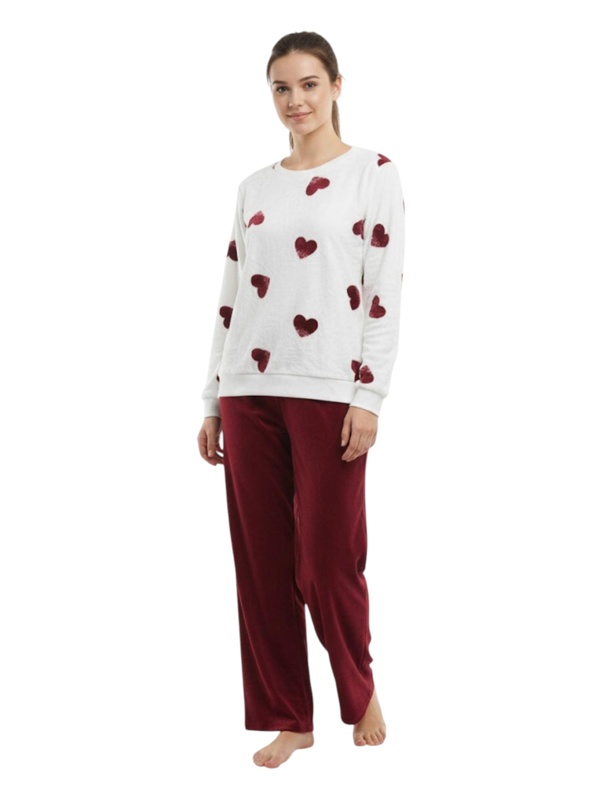 Image for Women's Faux Fur Pajama Set,Burgundy/White