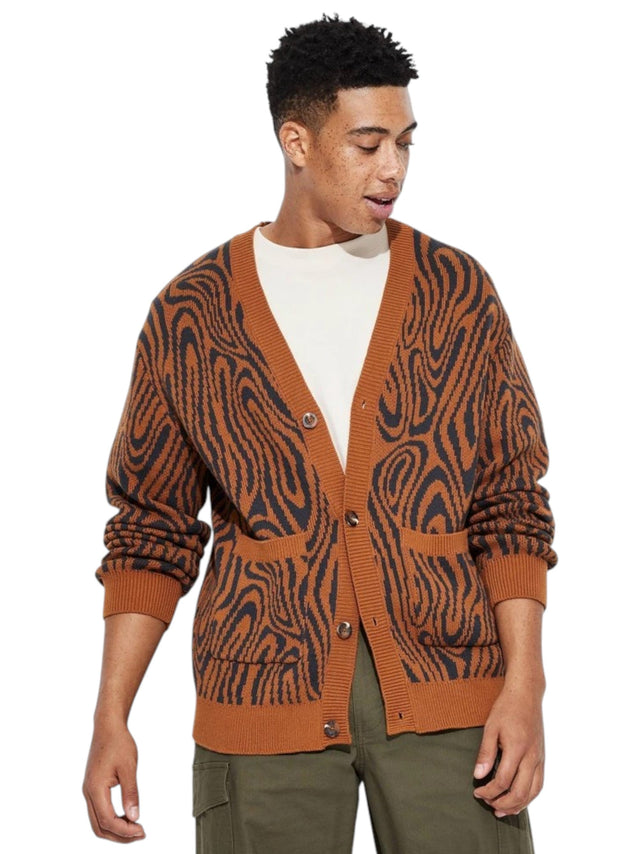 Image for Men's Printed Cardigan,Brown/Black