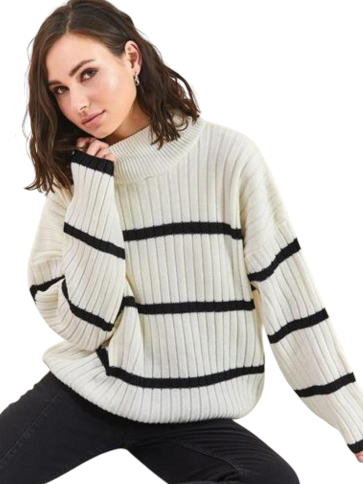 Image for Women's Striped Sweaters,White/Black