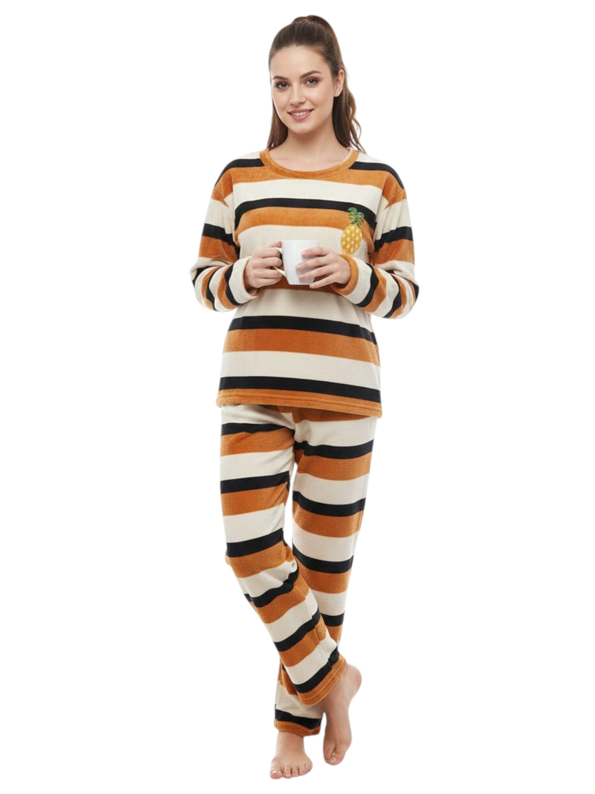 Image for Women's Striped Faux Fur Pajama Set,Multi